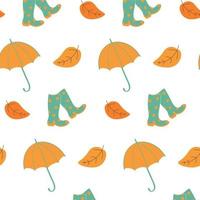 Seamless autumn pattern with polka dot rubber boots and yellow umbrellas. Fall of colorful autumn leaves. Colorful vector art design.