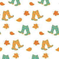 Seamless autumn pattern with falling leaves and polka dot rubber boots. Colorful vector art design. Abstract nature background.
