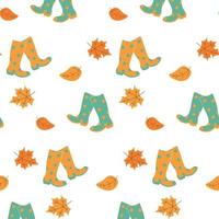 Seamless autumn pattern with falling leaves and polka dot rubber boots. Colorful vector art design. Abstract nature background.