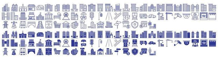 Collection of icons related to Building and Cityscape, including icons like School, Apartment, shop and more. vector illustrations, Pixel Perfect