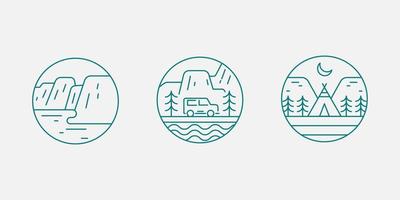 Nature landscape badge. Set of landscape emblems. Adventure logo line art vector illustration.