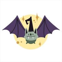 A flying bat in a witch hat on the full moon and stars. Doodle style for Halloween stickers and decorations. Simple spooky vector illustration for kids