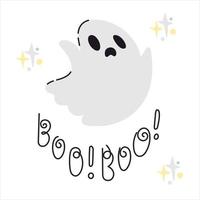 personaje fantasma estilo garabato con letras boo. icono simple para decoración espeluznante de halloween y tarjeta de felicitación vector