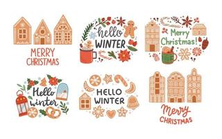 feliz navidad con corona hola invierno letras vector de diseño plano aislado