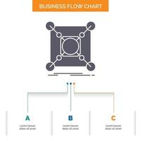 Base. center. connection. data. hub Business Flow Chart Design with 3 Steps. Glyph Icon For Presentation Background Template Place for text. vector