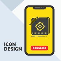 diseño. aplicación logo. solicitud. icono de glifo de diseño en el móvil para la página de descarga. fondo amarillo vector