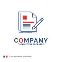 Company Name Logo Design For document. file. page. pen. Resume. Blue and red Brand Name Design with place for Tagline. Abstract Creative Logo template for Small and Large Business. vector