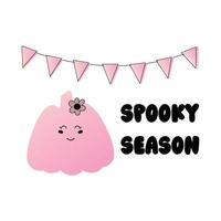 Funny pumpkin with pink garland. Spooky Season celebration quote for Pink Halloween Party. Vector illustration