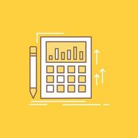 Accounting. audit. banking. calculation. calculator Flat Line Filled Icon. Beautiful Logo button over yellow background for UI and UX. website or mobile application vector