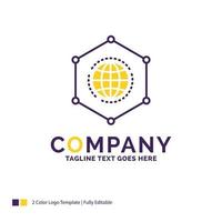 diseño del logotipo del nombre de la empresa para la red. global. datos. conexión. negocio. diseño de marca púrpura y amarillo con lugar para eslogan. plantilla de logotipo creativo para pequeñas y grandes empresas. vector