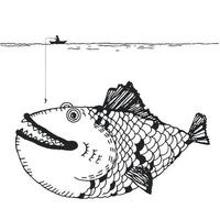 Drawing of a fisherman on a boat hoping to catch a big fish. Children's drawing. Funny illustration. vector