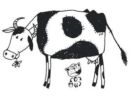 Drawing of a cow in a meadow and a kitten who wants milk.