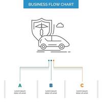 coche. mano. seguro. transporte. diseño de diagrama de flujo de negocios de seguridad con 3 pasos. icono de línea para el lugar de plantilla de fondo de presentación para texto vector