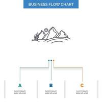 hill. landscape. nature. mountain. sun Business Flow Chart Design with 3 Steps. Line Icon For Presentation Background Template Place for text vector