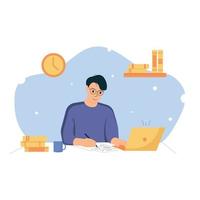 Person works and studys online, education, work at home vector