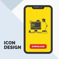 lugar de trabajo. puesto de trabajo. oficina. lámpara. icono de glifo de computadora en el móvil para la página de descarga. fondo amarillo vector