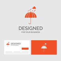 plantilla de logotipo de empresa para paraguas. cámping. lluvia. la seguridad. clima. tarjetas de visita naranjas con plantilla de logotipo de marca. vector