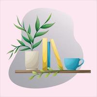 Set with books on the shelf, plant and cup vector