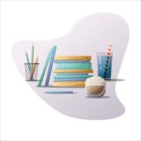 conjunto escolar con libros, lápices y bebidas vector