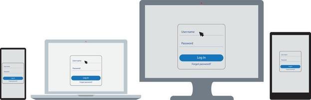 Login and password window on different screens. Computer monitor, laptop, tablet, smartphone. Vector Illustration