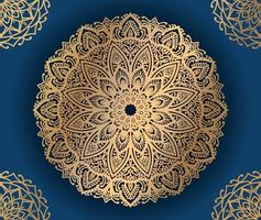 Unique mandala background with golden and dark blue color. vector