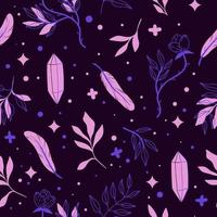 Vector seamless pattern with leaves, feathers and a flower in pink and purple color tones