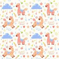 Vector seamless pattern with cute pink horses with red hearts surrounded with carrots, stars, hearts, clouds, stars and swirls. Pretty pattern for kids apparel and stuff.