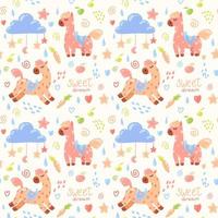 Vector seamless pattern with cute pink horses with red hearts surrounded with carrots, stars, hearts, clouds, stars and swirls. Pretty pattern for kids apparel and stuff.