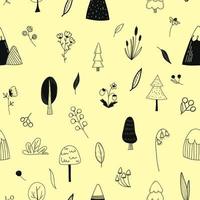 Monochrome seamles pattern with forest trees, herbs and leaves on a beige background vector