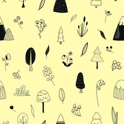 Monochrome seamles pattern with forest trees, herbs and leaves on a beige background