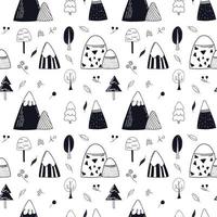 Black and white vector seamless pattern with doodle styled hand drawn mountains, trees, leaves and berries