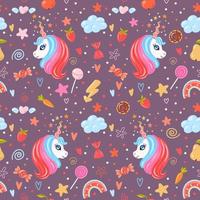 Cute unicorn heads seamless pattern with stars, rainbows, sweets, carrots, clouds and hearts. Good pattern for wrapping paper and kids apparel. vector