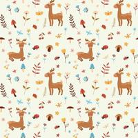 Vector seamless pattern with cartoon deers, autumn leaves, mushrooms, flowers and berries on a beige background