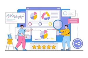 Flat young entrepreneurs review reports and analyze data concept. Outline design style minimal vector illustration