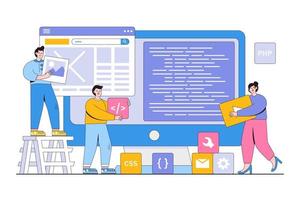 proceso de diseño de aplicaciones móviles y web planas con concepto de equipo de diseñador y desarrollador. ilustración de vector mínimo de estilo de contorno
