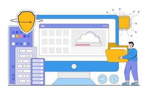 Flat business technology file upload backup on cloud server storage concept. Outline design style minimal vector illustration