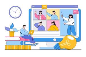 Flat people using video in online learning, meeting conference, working concept. Outline design style minimal vector illustration