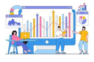 Flat business team monitoring and analyst web report dashboard concept. Outline design style minimal vector illustration