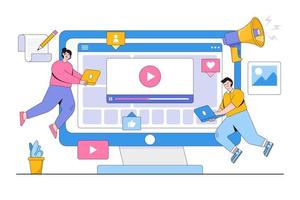 las personas planas que trabajan crean contenido de video para marketing en línea y ganan dinero concepto. ilustración de vector mínimo de estilo de diseño de esquema