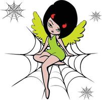 Devil Angel Girl sitting by herself in neon colors. vector