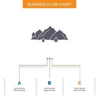 mountain. landscape. hill. nature. tree Business Flow Chart Design with 3 Steps. Glyph Icon For Presentation Background Template Place for text. vector