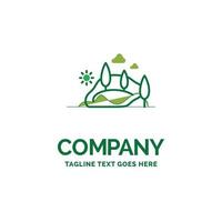 . hill. landscape. nature. mountain. tree Flat Business Logo template. Creative Green Brand Name Design. vector