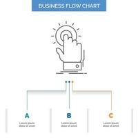 tocar. hacer clic. mano. en. Inicie el diseño de diagramas de flujo de negocios con 3 pasos. icono de línea para el lugar de plantilla de fondo de presentación para texto vector
