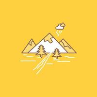 rocas Cerro. paisaje. naturaleza. icono lleno de línea plana de montaña. hermoso botón de logotipo sobre fondo amarillo para ui y ux. sitio web o aplicación móvil vector