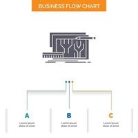 arquitectura. Plano. circuito. diseño. diseño de diagrama de flujo de negocios de ingeniería con 3 pasos. icono de glifo para el lugar de plantilla de fondo de presentación para texto. vector