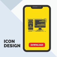 computadora. escritorio. hardware. puesto de trabajo. icono de glifo del sistema en el móvil para la página de descarga. fondo amarillo vector