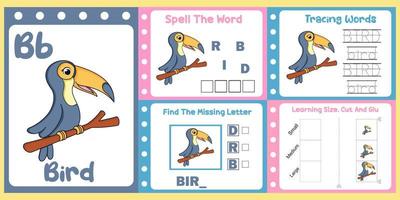 worksheets pack for kids with bird vector. children's study book vector