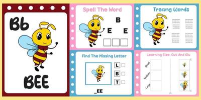 worksheets pack for kids with bee vector. children's study book vector