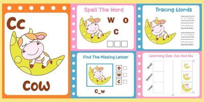 worksheets pack for kids with cow vector. children's study book vector