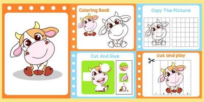 worksheets pack for kids with cow vector. children's study book vector